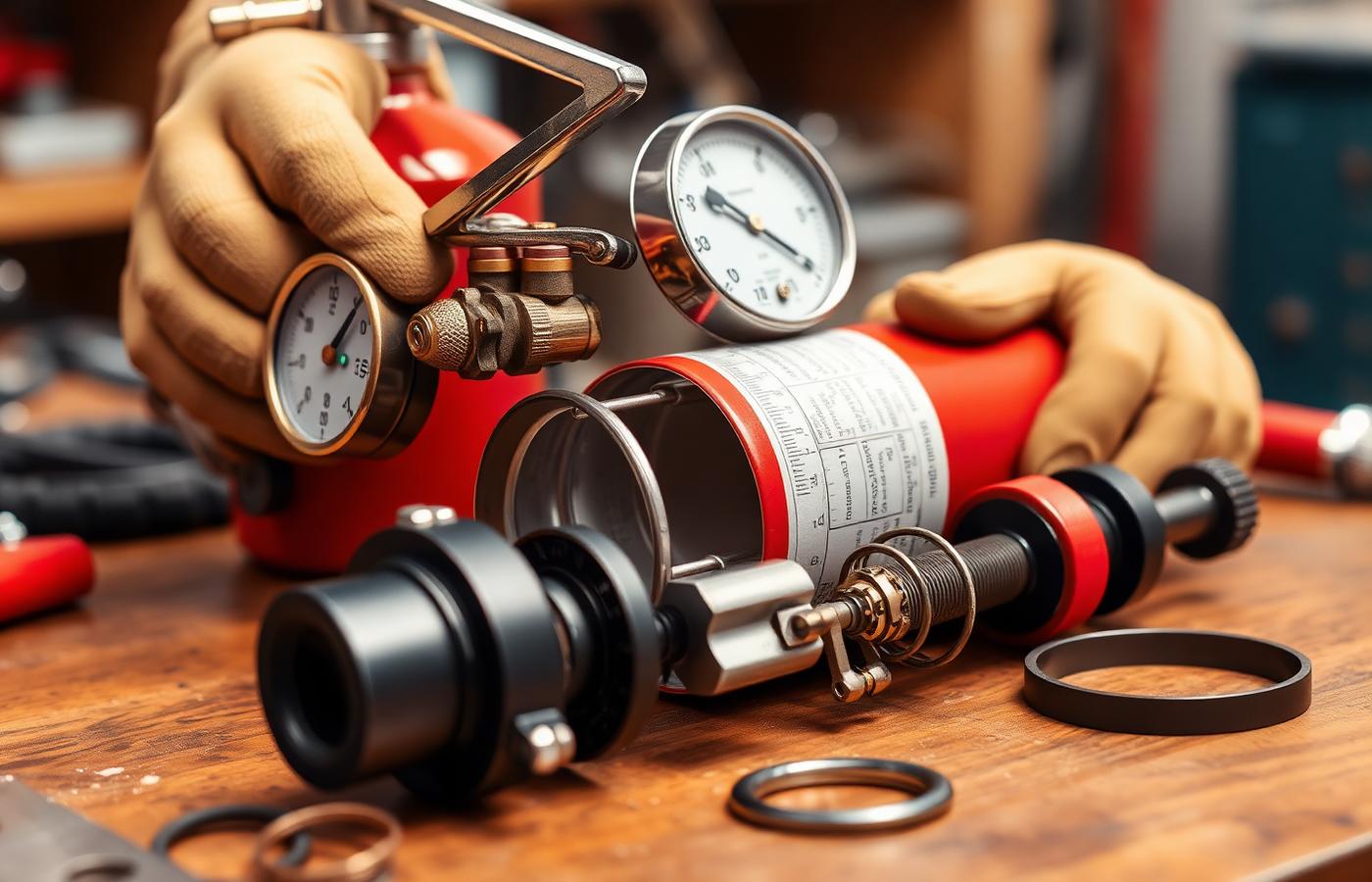Komponen alat pemadam api: valve head, pressure gauge, safety pin, selang, dan o-ring di meja kerja teknisi